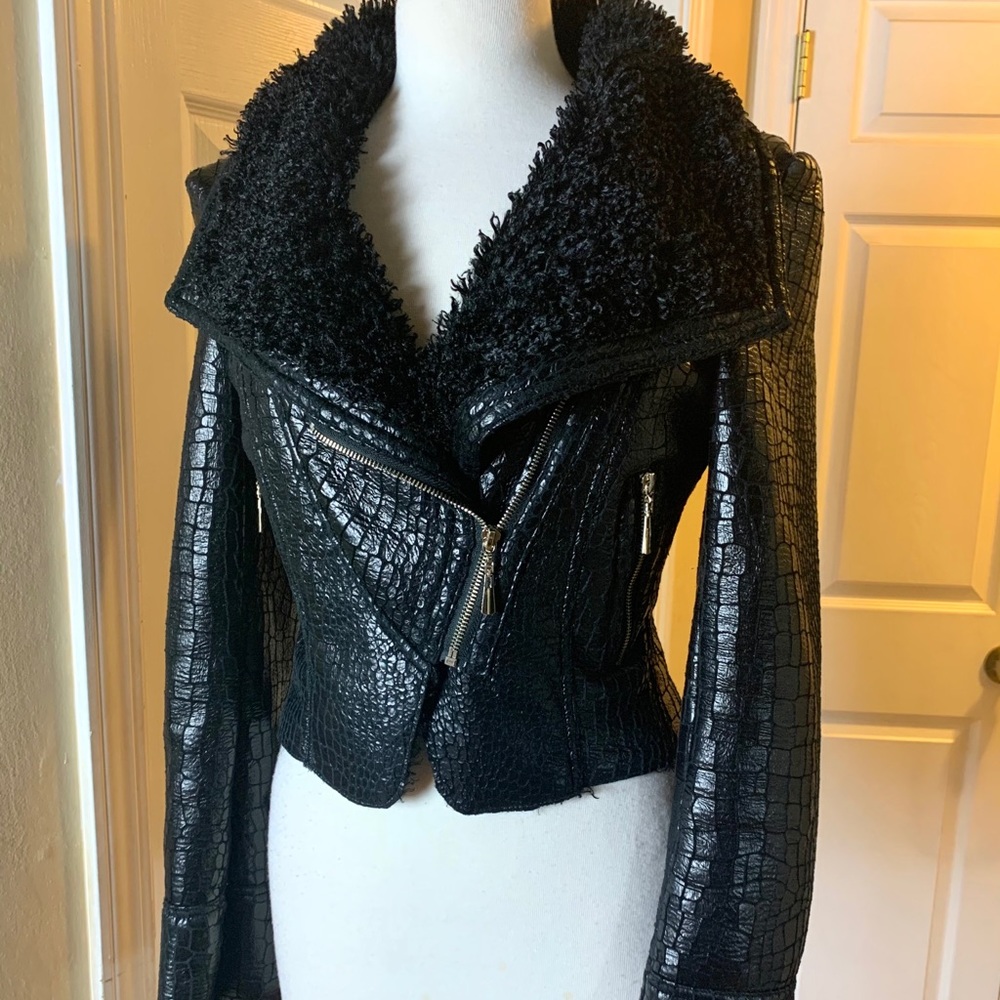 Harlow Zee croc embossed faux fur trim moto Jacket